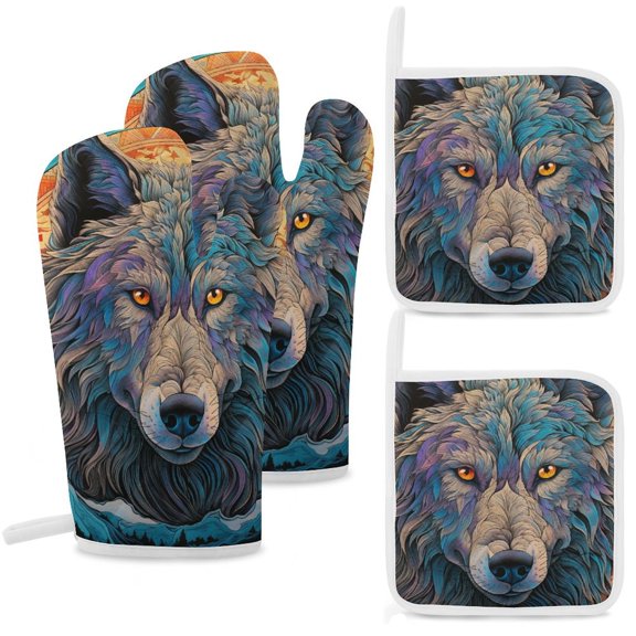 Colorful Lone Wolf Heat Resistant Microwave Oven Gloves Set for BBQ Baking Grilling,Baking Gifts Cooks for Women,Housewarming Gifts for New Home