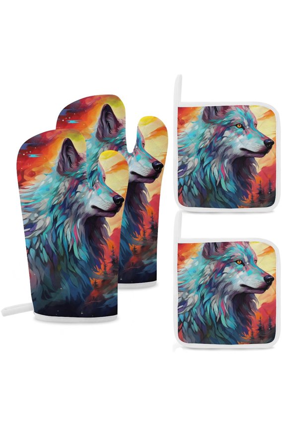 Colorful Lone Wolf Insulated Gloves And Pot Mats (four Piece Set)