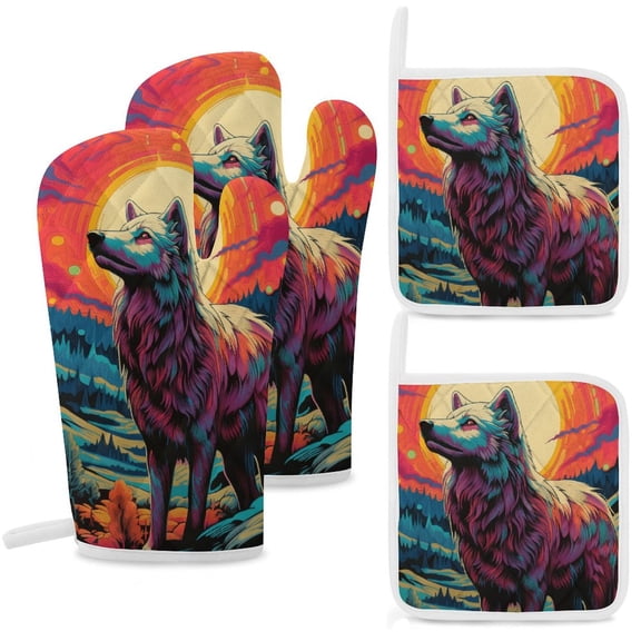 Colorful Lone Wolf Insulated Gloves And Pot Mats (four Piece Set)