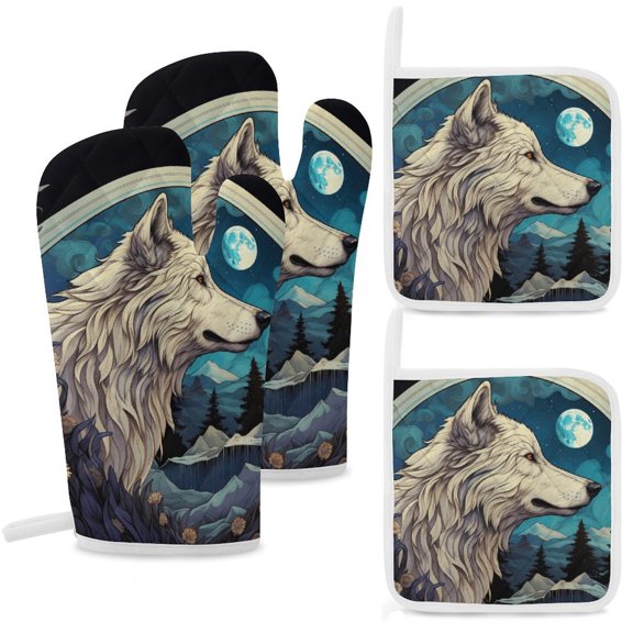 Colorful Lone Wolf Insulated Gloves And Pot Mats (four Piece Set)