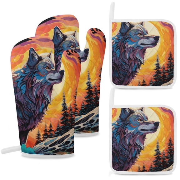Colorful Lone Wolf Insulated Gloves And Pot Mats (four Piece Set)