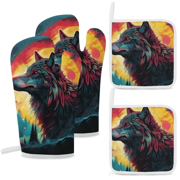 Colorful Lone Wolf Insulated Gloves And Pot Mats (four Piece Set)