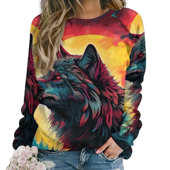 Colorful Lone Wolf Mom Sweatshirt For Women Long Sleeve Pullover