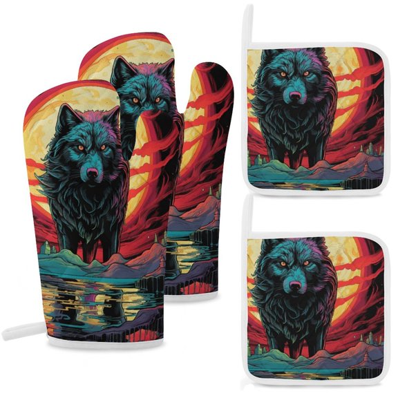 Colorful Lone Wolf Oven And Pot Holders Sets, Heat Resistant Pads Kitchen Decor for Cooking Baking BBQ Grilling, Christmas Kitchen Gifts