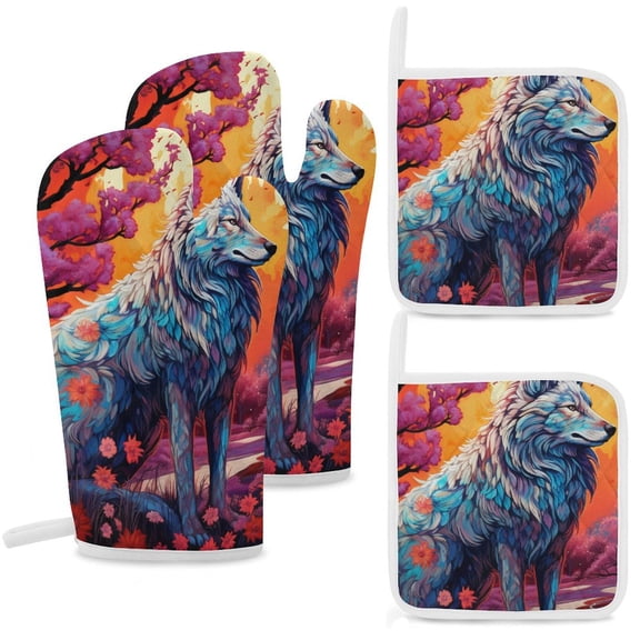 Colorful Lone Wolf Oven And Pot Holders Sets, Heat Resistant Pads Kitchen Decor for Cooking Baking BBQ Grilling, Christmas Kitchen Gifts