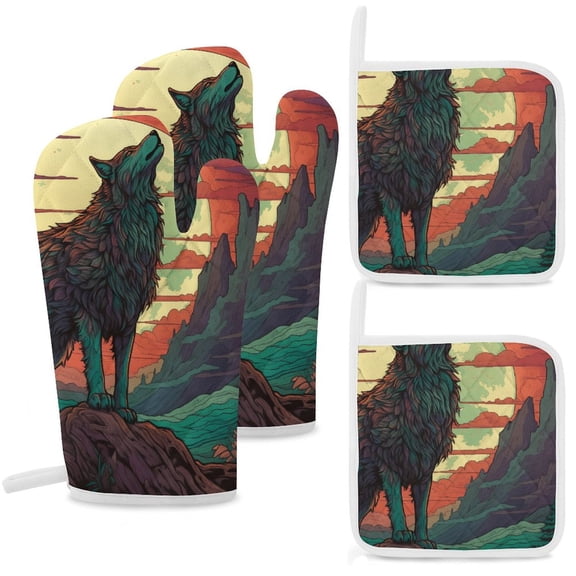 Colorful Lone Wolf Oven And Pot Holders Sets, Heat Resistant Pads Kitchen Decor for Cooking Baking BBQ Grilling, Christmas Kitchen Gifts
