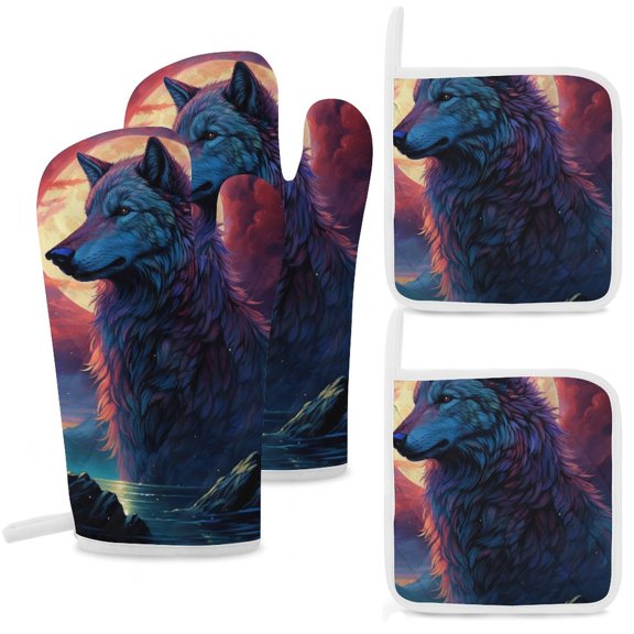 Colorful Lone Wolf Oven Mitt And Pot Holder Set Oven Glove for Kitchen Baking Cooking Grilling