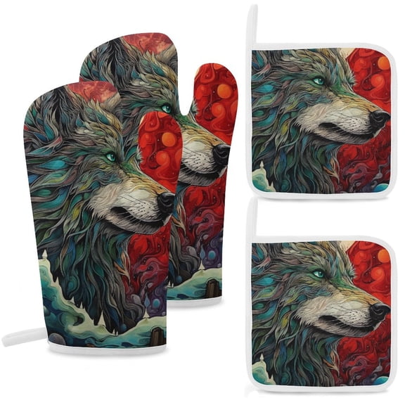 Colorful Lone Wolf Oven Mitt And Pot Holder Set Oven Glove for Kitchen Baking Cooking Grilling