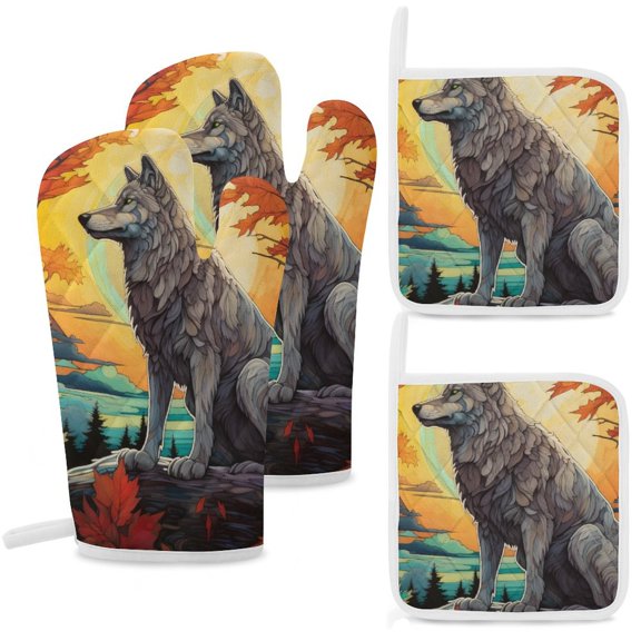 Colorful Lone Wolf Oven Mitt And Pot Holder Set Oven Glove for Kitchen Baking Cooking Grilling