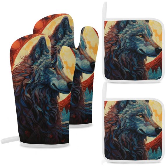 Colorful Lone Wolf Oven Mitt And Pot Holder Set Oven Glove for Kitchen Baking Cooking Grilling