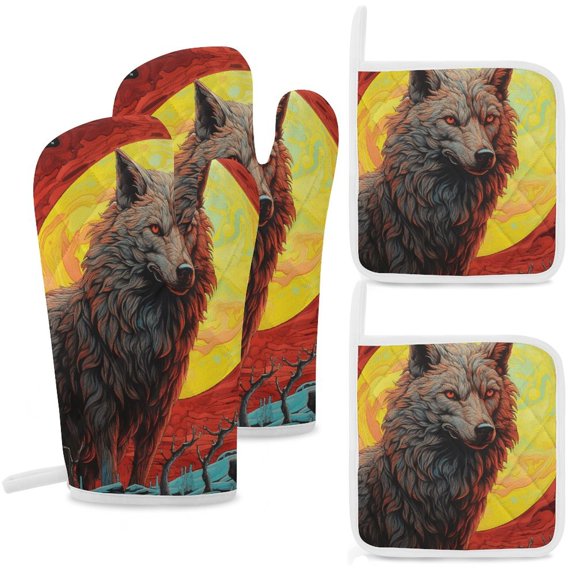 Colorful Lone Wolf Oven Mitts And Pot Holders Sets of 4 Oven Gloves Set Potholders for Kitchen Cooking Baking Grilling Anti Scald Hot Pads And Heat Resistant