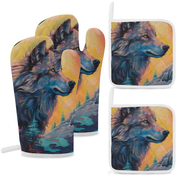 Colorful Lone Wolf Oven Mitts And Pot Holders Sets of 4 Oven Gloves Set Potholders for Kitchen Cooking Baking Grilling Anti Scald Hot Pads And Heat Resistant