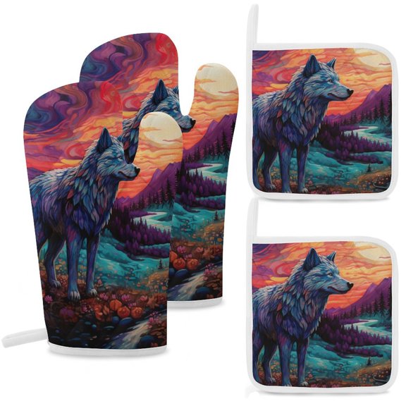 Colorful Lone Wolf Oven Mitts And Pot Holders Sets of 4 Oven Gloves Set Potholders for Kitchen Cooking Baking Grilling Anti Scald Hot Pads And Heat Resistant