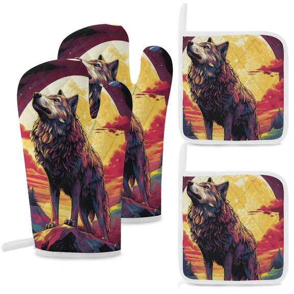 Colorful Lone Wolf Oven Mitts And Pot Holders Sets of 4 Oven Gloves Set Potholders for Kitchen Cooking Baking Grilling Anti Scald Hot Pads And Heat Resistant