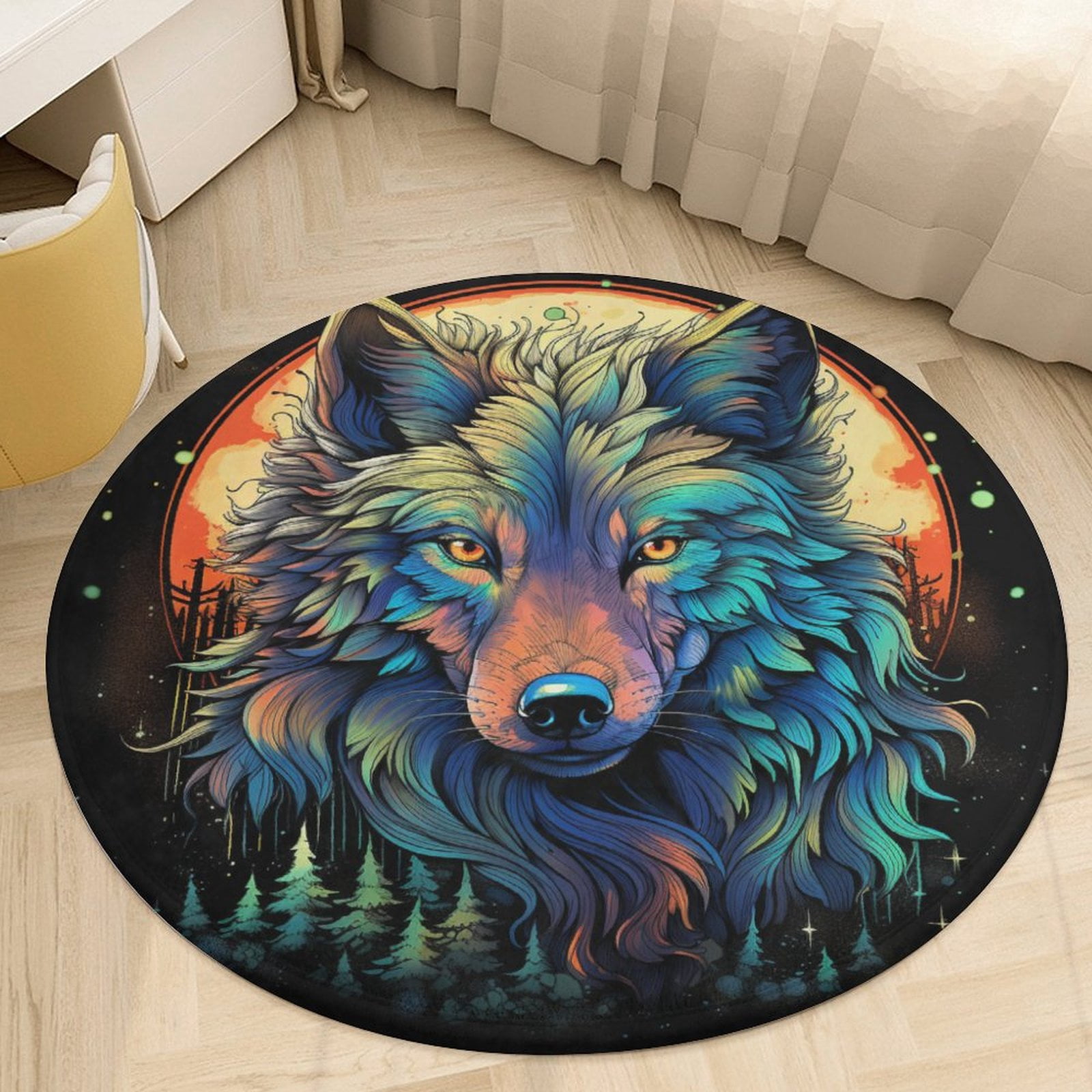 Colorful Lone Wolf Round Rugs -Washable Non-Slip Small Round Area Rug ...