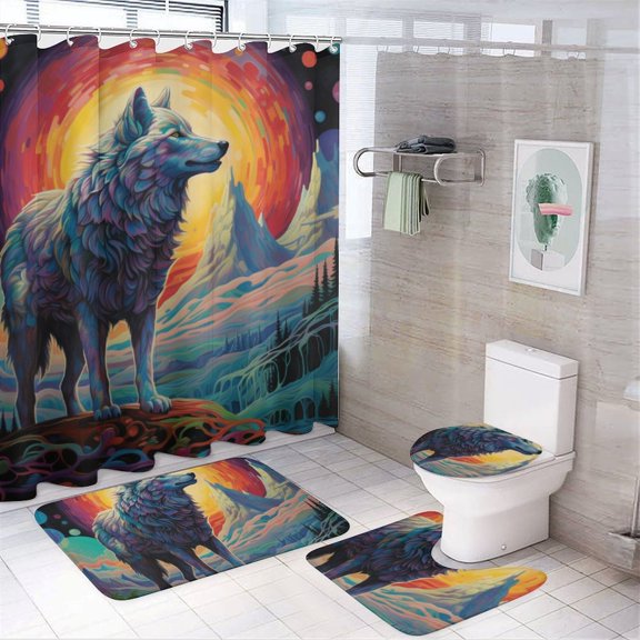 Colorful Lone Wolf Shower Curtain Sets with Rugs 4 Piece Rustic