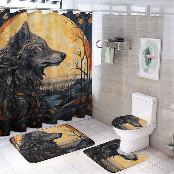 Colorful Lone Wolf Shower Curtain Sets with Rugs 4 Piece Rustic