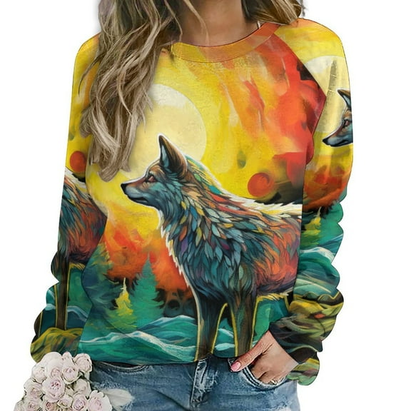 Colorful Lone Wolf Women's Floral Printed Sweatshirt Long Sleeve Crewneck Casual Loose Vintage Graphic Pullover Tops