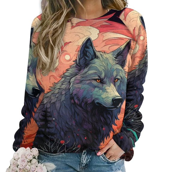 Colorful Lone Wolf Women's Floral Printed Sweatshirt Long Sleeve Crewneck Casual Loose Vintage Graphic Pullover Tops