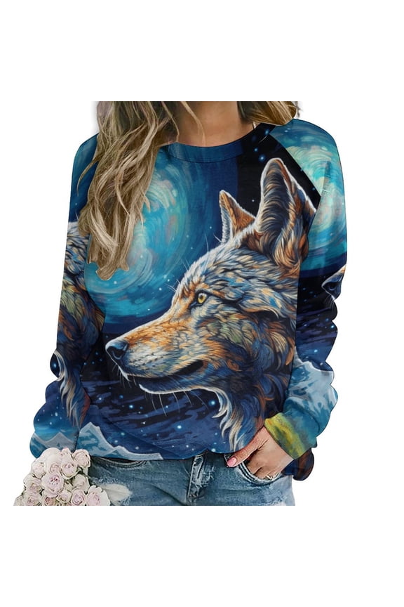 Colorful Lone Wolf Women's Floral Printed Sweatshirt Long Sleeve Crewneck Casual Loose Vintage Graphic Pullover Tops