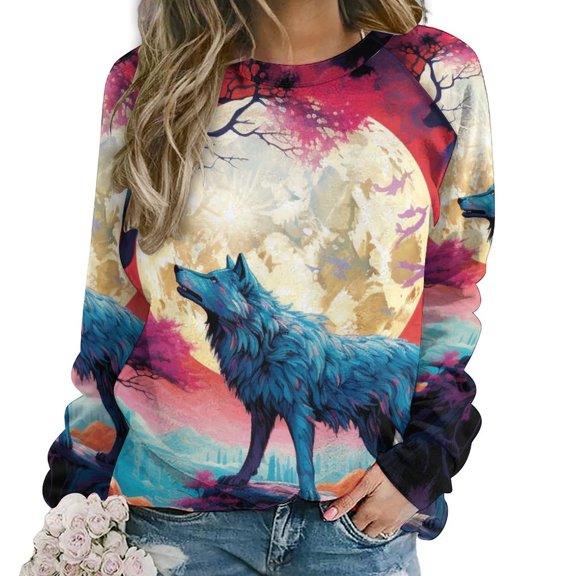 Colorful Lone Wolf Womens Casual Crewneck Sweatshirt Long Sleeve Tops Cute Pullover Loose Fit