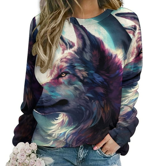 Colorful Lone Wolf Womens Casual Crewneck Sweatshirt Long Sleeve Tops Cute Pullover Loose Fit