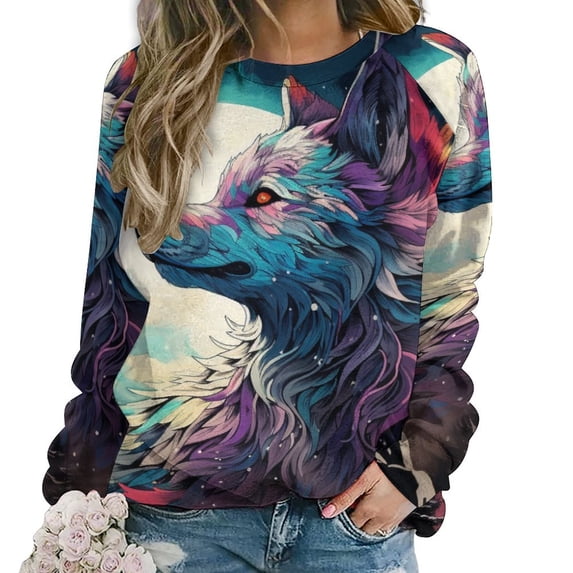 Colorful Lone Wolf Womens Oversized Sweatshirts Hoodies Crewneck Casual Tops Comfy FallWinter Clothes 2024