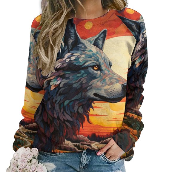 Colorful Lone Wolf Womens Oversized Sweatshirts Hoodies Crewneck Casual Tops Comfy FallWinter Clothes 2024
