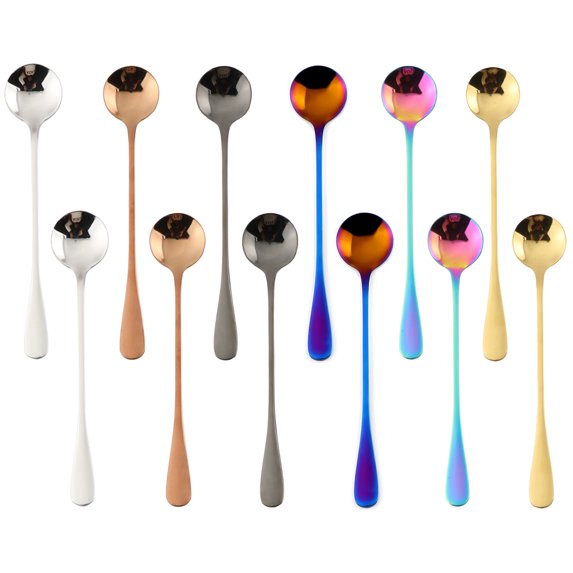 Colorful Long Handle Spoon, MDEALY 7” Stainless Steel Round Style Mixing Spoon, Coffee Ice Cream Spoon Cocktail Mixing Silverware Spoon Set for 12