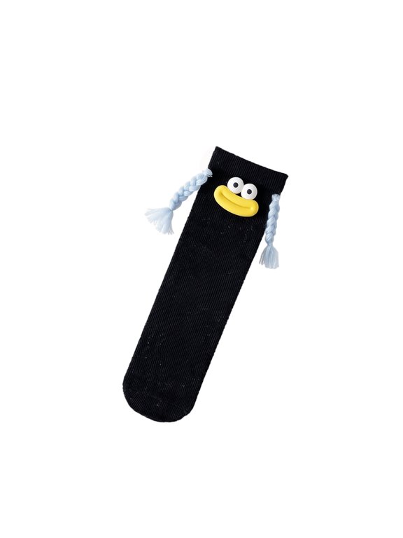 Colorful Long Tube Knee High Socks with Braided Tassel and Face Detail, Funny Novelty Ribbed Crew Socks for Daily Wear Trendy Street Style Black