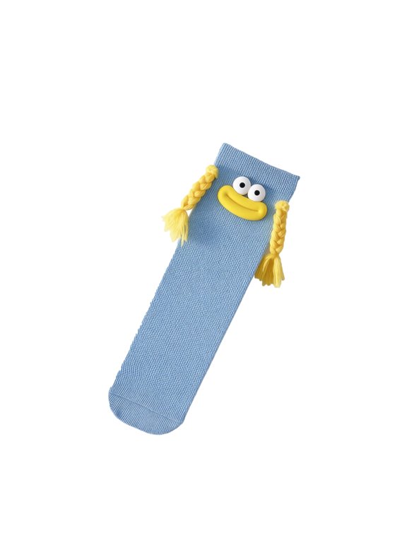 Colorful Long Tube Knee High Socks with Braided Tassel and Face Detail, Funny Novelty Ribbed Crew Socks for Daily Wear Trendy Street Style Sky Blue