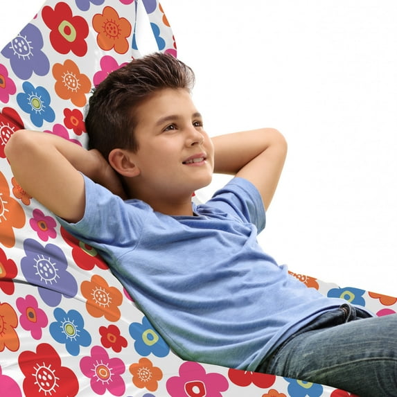 Colorful Lounger Chair Bag, Floral Theme Illustration Along Flowers in Doodle Style on Plain Background, High Capacity Storage with Handle Container, Lounger Size, Multicolor, by Ambesonne