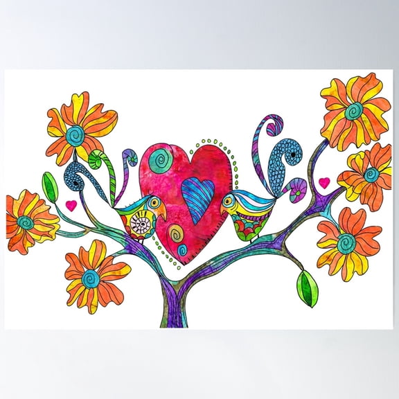Colorful Love Birds On White Poster Wall Art, Modern Wall Decor For Living Room Bedroom, 12x18 UNFRAMED