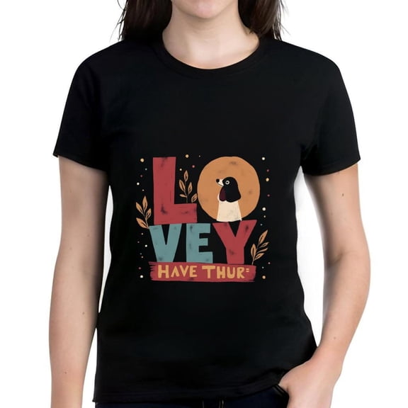 Colorful Love Dog Design Cotton Short Sleeve T-Shirt for Women - Playful Graphic Tee with Bold Letters and Decorative Leaves