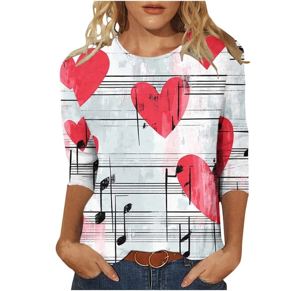 Love Graphic Loose Fit Shirts for Juniors Fall Summer 3/4 Length Sleeve Crew Neck Spandex Lounge Tops Shirts Women 2026 Trendy