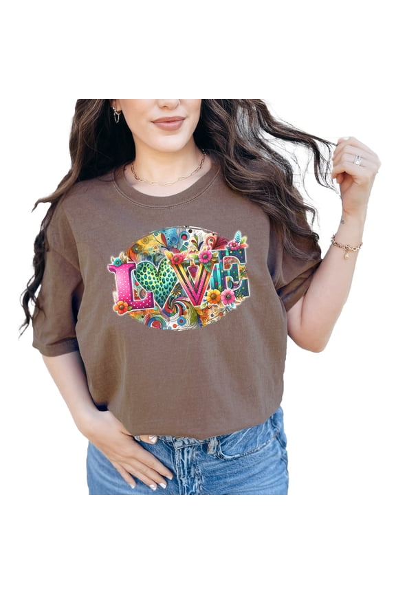 Colorful Love Graphic T-Shirt, Unique Vibrant Art Tee, Funky Flower Design Shirt, Trendy Artistic Apparel, Stylish Casual Wear, Espresso Comfort Colors T-Shirt, Large