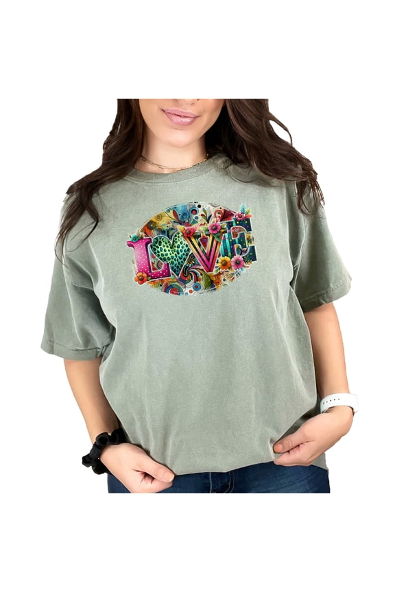 Colorful Love Graphic T-Shirt, Unique Vibrant Art Tee, Funky Flower Design Shirt, Trendy Artistic Apparel, Stylish Casual Wear, Moss Comfort Colors T-Shirt, Large