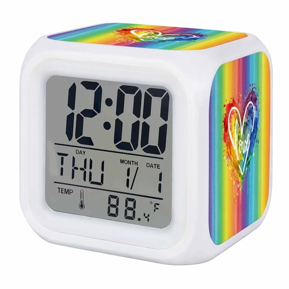 Colorful Love Heart Digital Alarm Clock for Bedrooms, Smart LED Alarm Clock with 7 Color Changing Night Light, Watercolor Striped Rainbow Silent Wake Up Clocks for Sleep Study Cooking 3.2"x3.2"