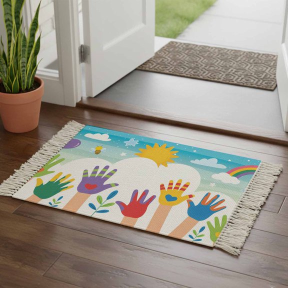 Colorful Love Heart Hand Bathroom Rug 2'x3', Rainbow Sky Cartoon Kids Hands Low Profile Front Entryway Rug with Tassels, Woven Cotton Washable Kitchen Mat Carpet for Foyer Bedroom Back Door Decor