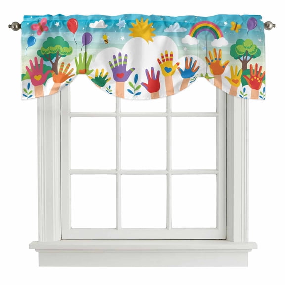Colorful Love Heart Hand Tie Up Valance Curtains for Windows, Kitchen Curtains Window Treatments, Rainbow Sky Cartoon Kids Hands Short Window Shades Valances for Bedroom Bathroom Cafe 42"x12"