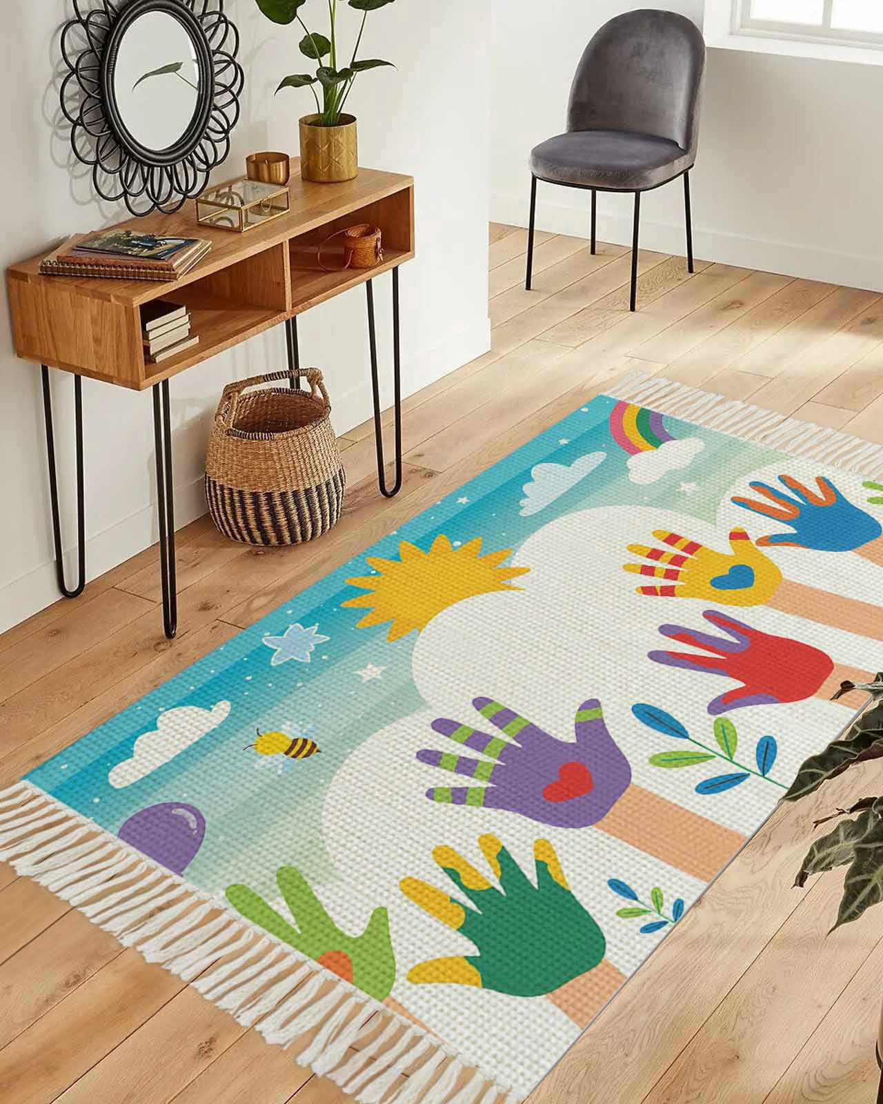 Colorful Love Heart Hand Washable Area Rug 3'x5', Rainbow Sky Cartoon ...