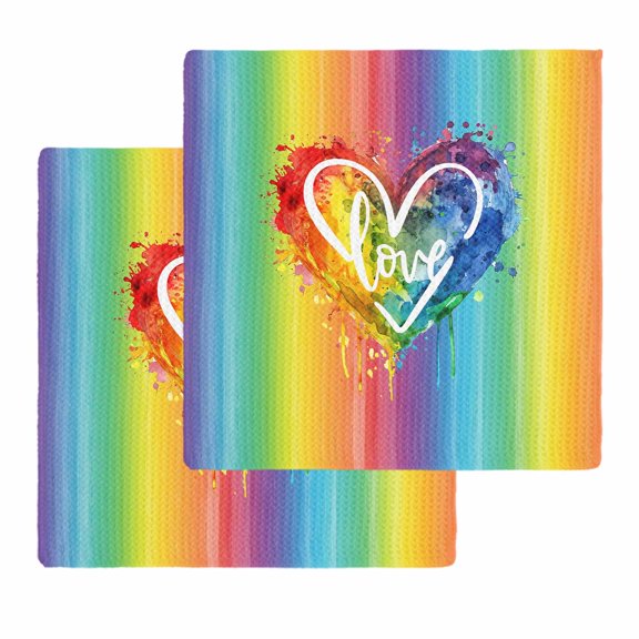 Colorful Love Heart Kitchen Dish Towels for Drying Dishes Set of 2, Watercolor Striped Rainbow Waffle Weave Microfiber Hand Tea Bathroom Towels Quick Dry & Absorbent Towel 12x12