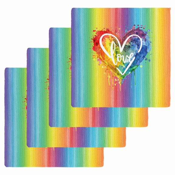Colorful Love Heart Kitchen Dish Towels for Drying Dishes Set of 4, Watercolor Striped Rainbow Waffle Weave Microfiber Hand Tea Bathroom Towels Quick Dry & Absorbent Towel 12x12