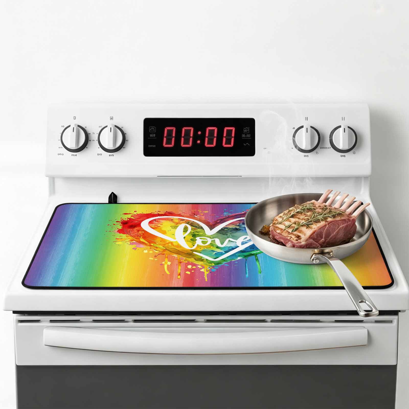 Colorful Love Heart Stove Top Cover for Electric Stove, Heat-proof & Non Slip Glass Top Stove Cover Protector, Watercolor Striped Rainbow Kitchen Flat Cooktop Rubber Mat 24x21 Inches
