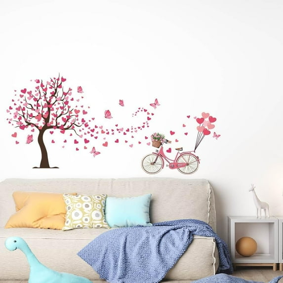 Colorful Love Tree Wall Decor Heart Wall Stickers Peel and Stick Removable Couples Flower Bike Balloon Tree Vinyl Sticker Wedding Couple Bedroom Girls Kids Room