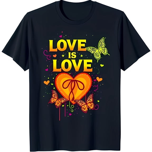 Colorful Love is Love T-Shirt with Hearts & Butterflies on Black Background