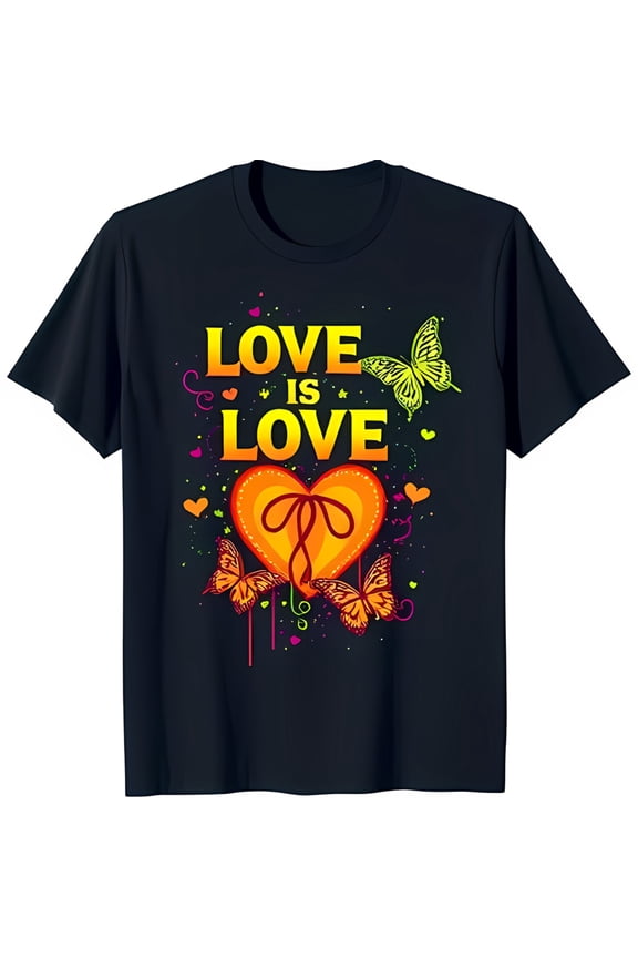 Colorful Love is Love T-Shirt with Hearts & Butterflies on Black Background