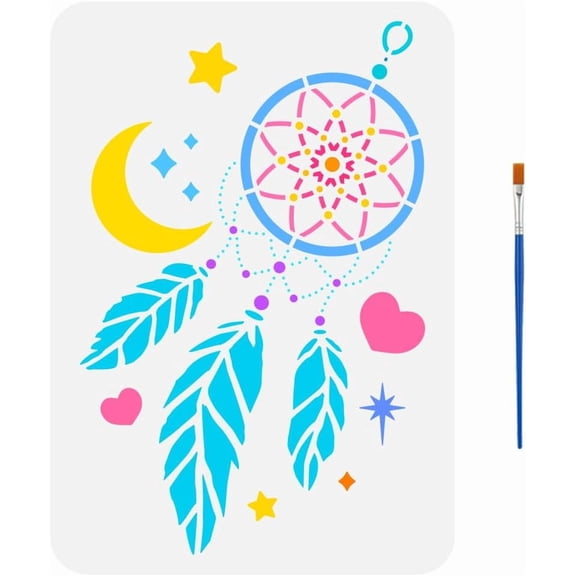 Colorful Lovely Dream Catcher Painting Stencil with Brush 8.3x11.7inch Moon Stars Template Feathers Love Heart Pattern Stencil Fantasy Theme Template for Painting on Wood Fabric Clothes
