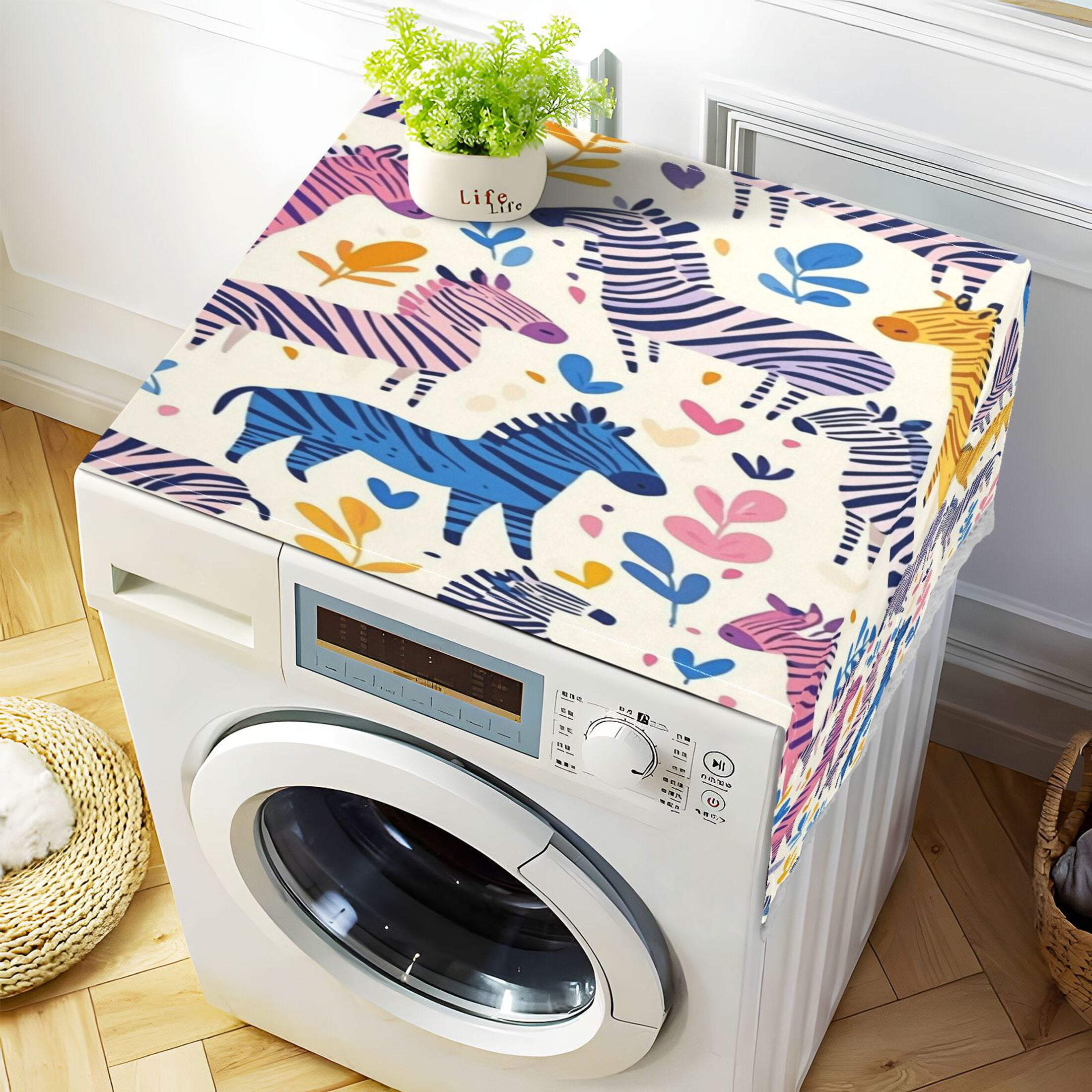 Colorful Lovely ZebraWasher and Dryer Covers Dust-Proof and Oil Resistant Fridge Cover with 4 Storage Pockets Washing Machine Top Cover for Laundry Kitchen Home 51.2 x 22 In