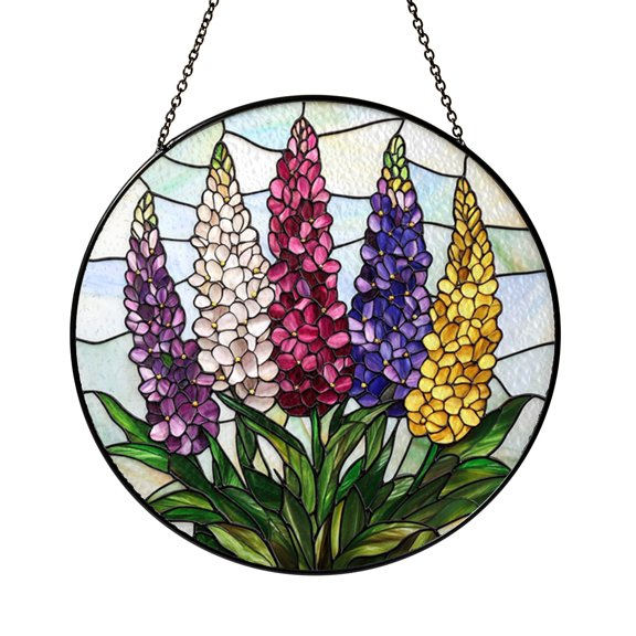 Colorful Lupine Flowers Stained Glass Suncatcher, Window Hanging Decor Featuring Tall Blooming Lupines